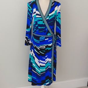 BCBG Max Azria wrap dress, blue/teal/white, sz S